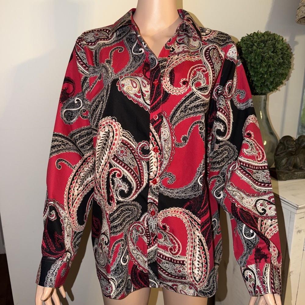 Chicos Button Up Top Women 3 XL Paisley Workwear Business Office Retro